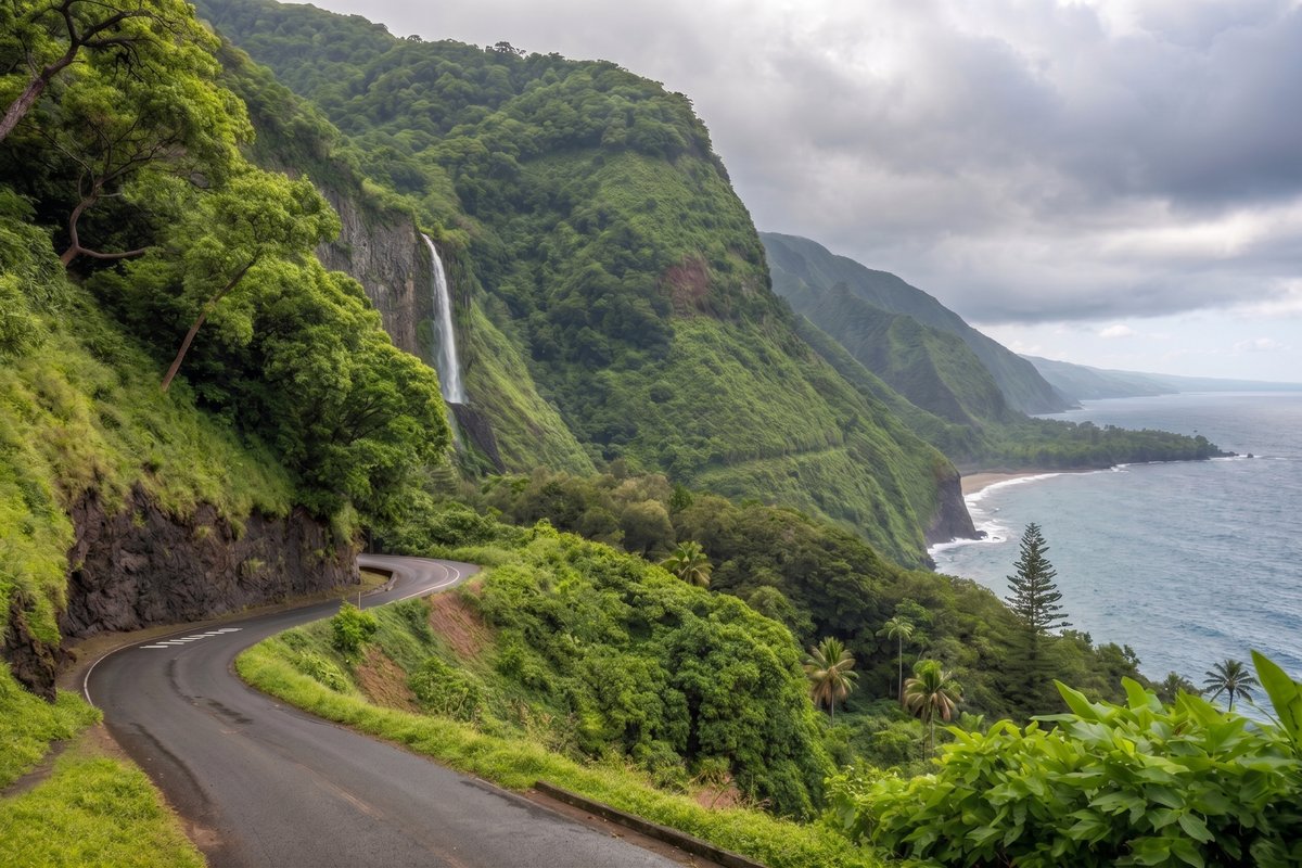 The Hana Highway winding along the rainforest coast past a waterfall