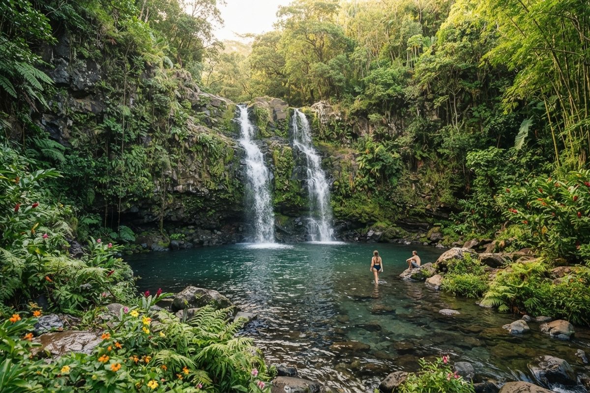 Waterfall pouring into a jungle pool on the Road to Hana