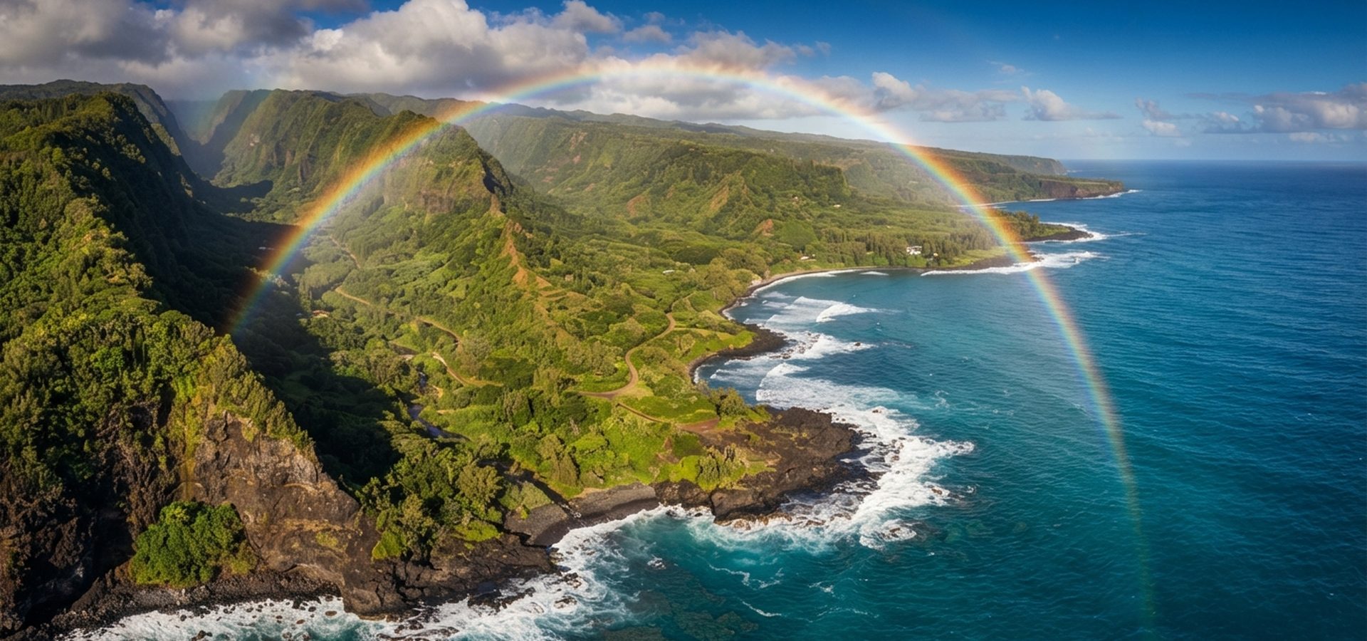 Rainbow arcing over the Maui coastline