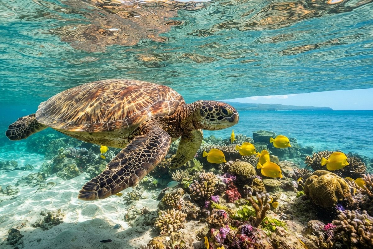 Hawaiian green sea turtle gliding over a shallow reef in clear turquoise water