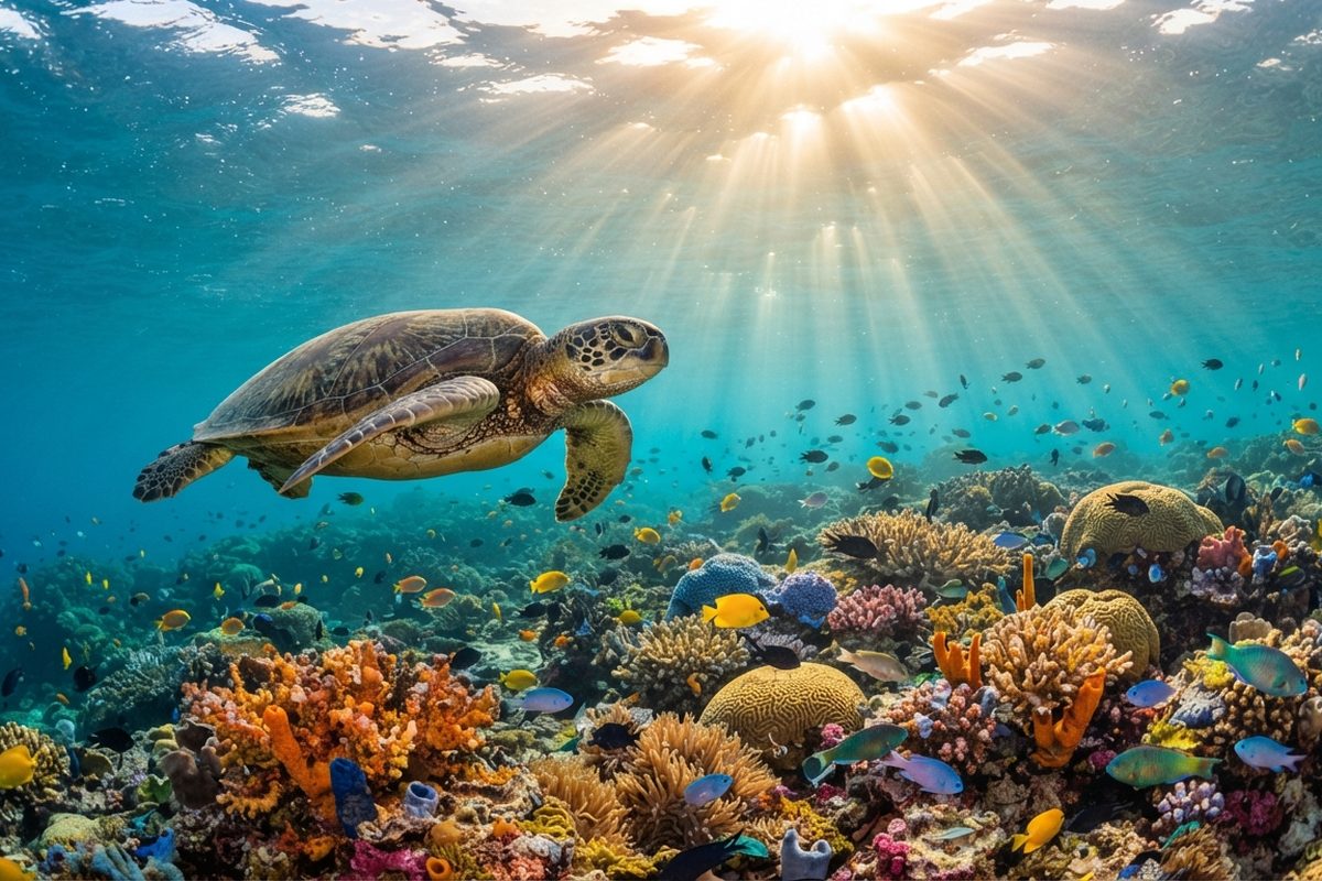 Green sea turtle over a coral reef in clear turquoise water