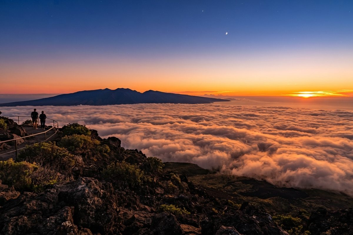 Sunset above the clouds from the Haleakala summit, the West Maui mountains in the distance